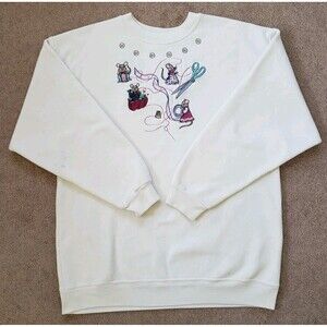 Vintage Women's Fleece Crew-Neck Sweater Embroidered Sewing Mice Ivory Size L/XL